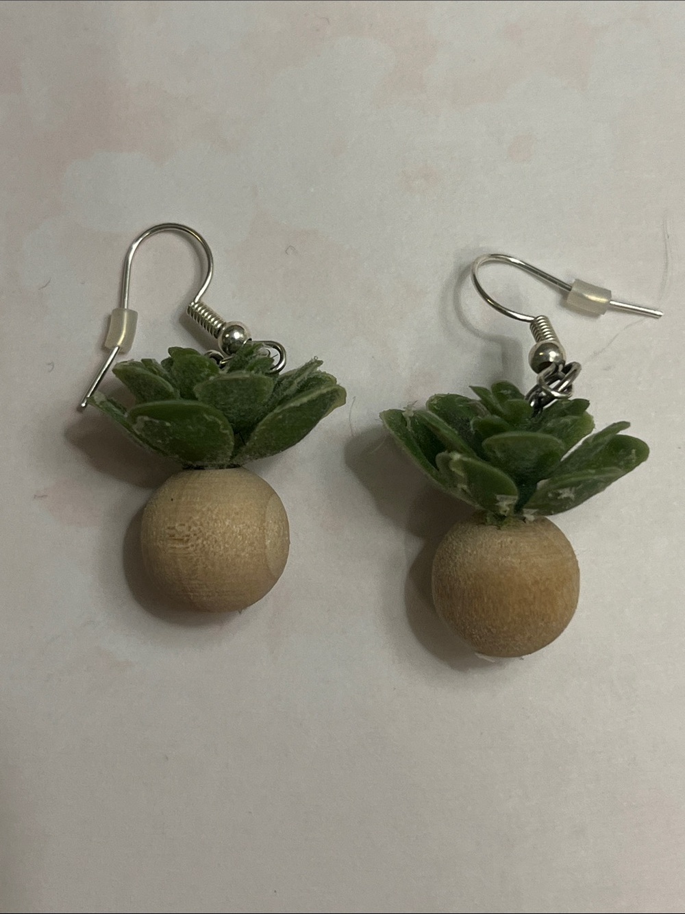 Green Succulent Wooden Bead Drop Earrings